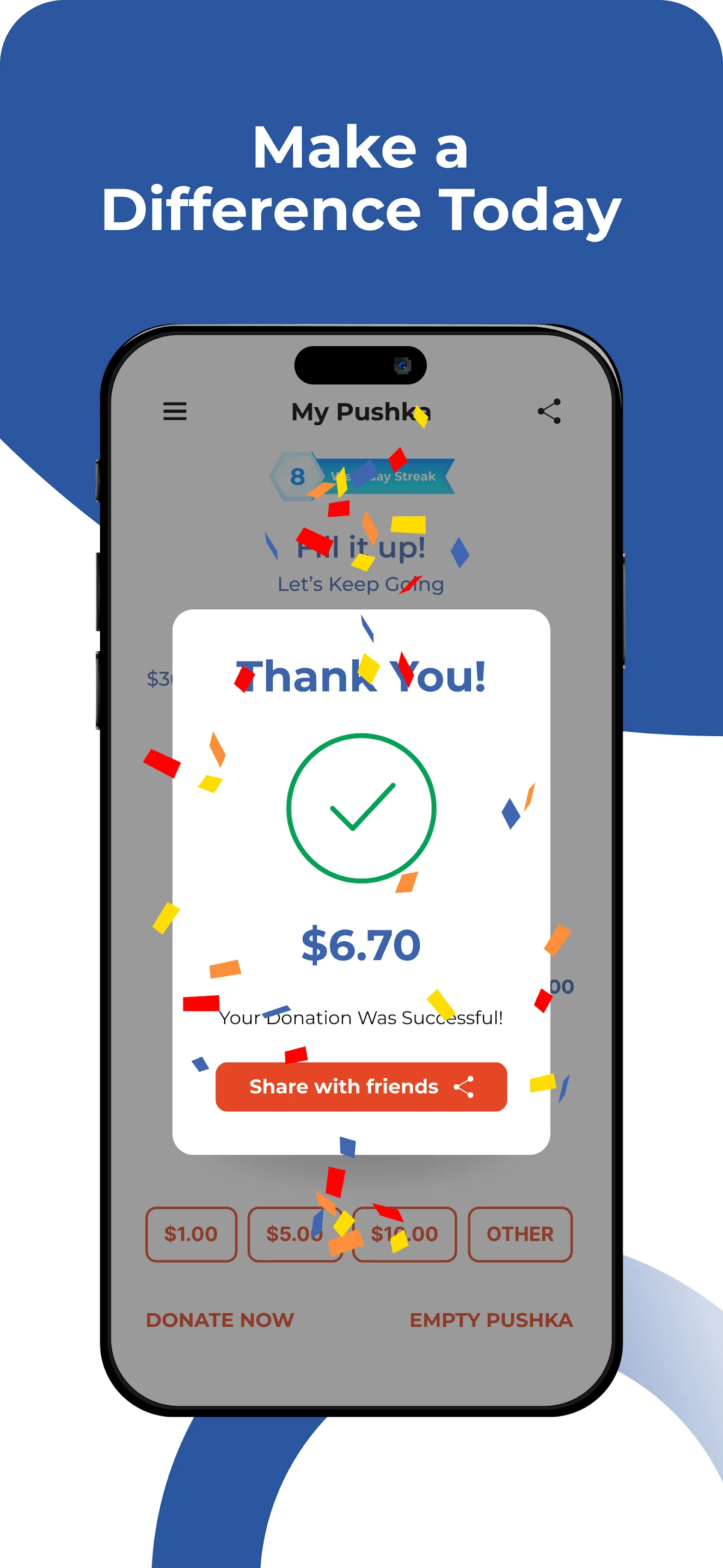 Donation confirmation with confetti and a share button