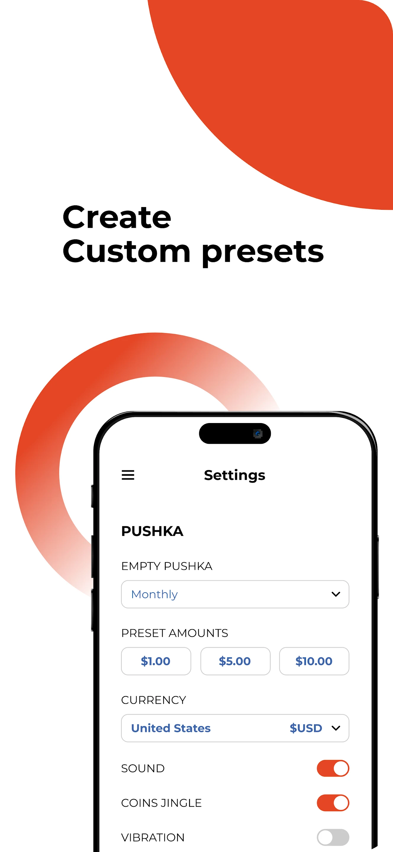 Settings for emptying schedule, preset amounts, currency, sound and haptics