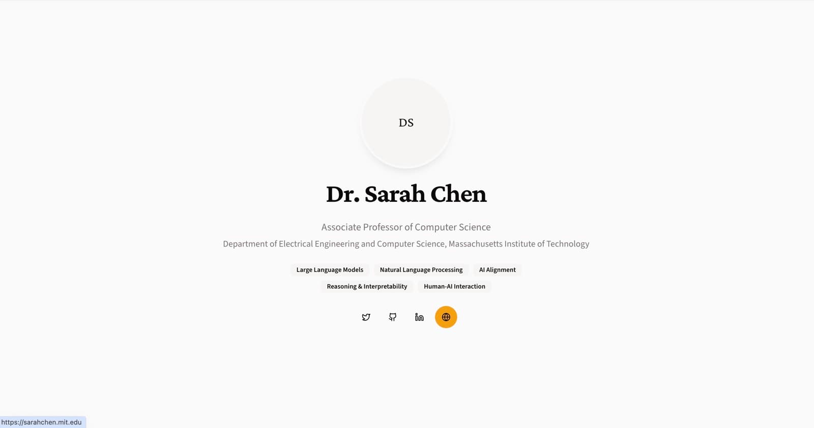 A generated academic profile with name, title, research interests and links