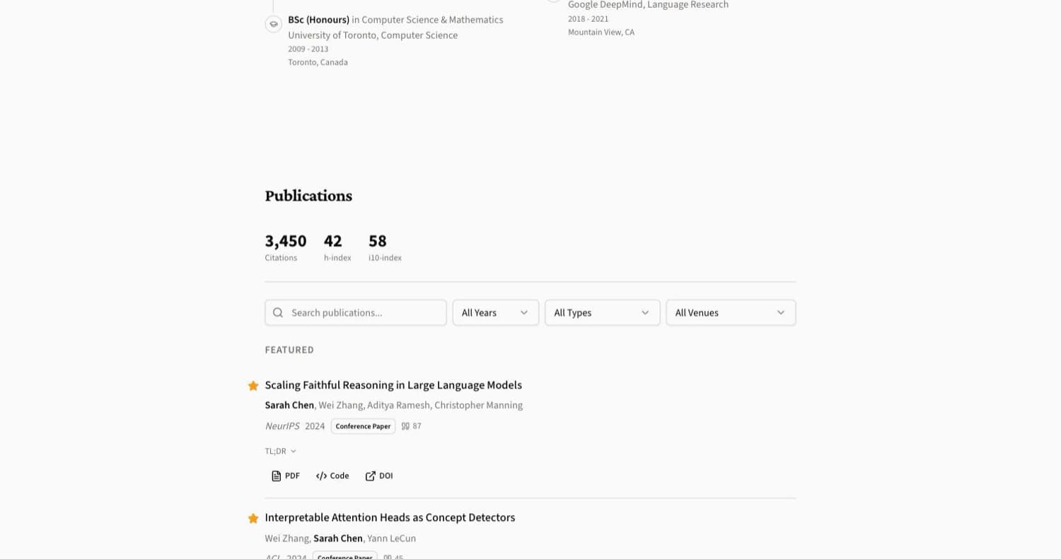 Publications section with citation metrics, filters, and per-paper PDF, code and DOI links