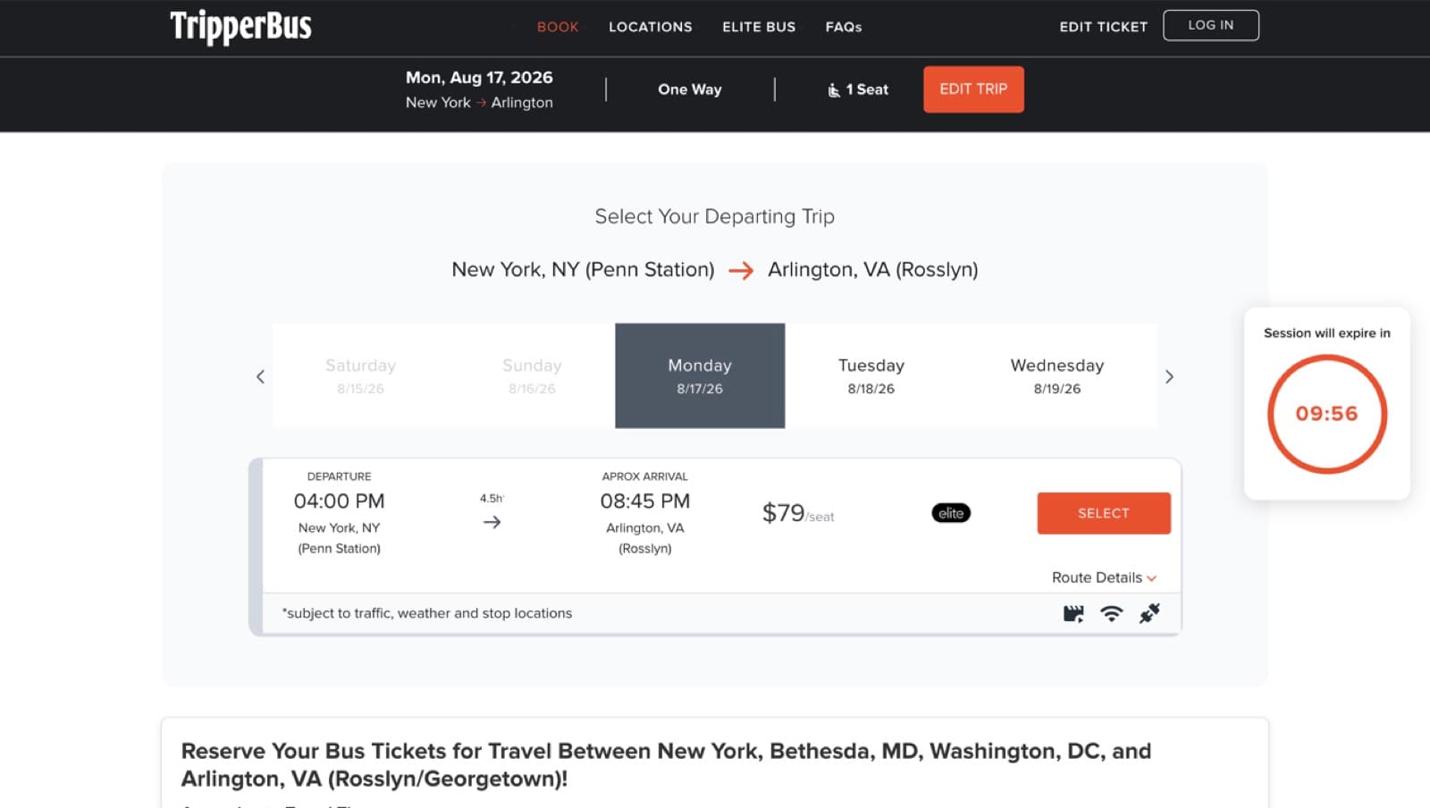 Booking flow showing a week of departures, a trip card with price, and a session countdown