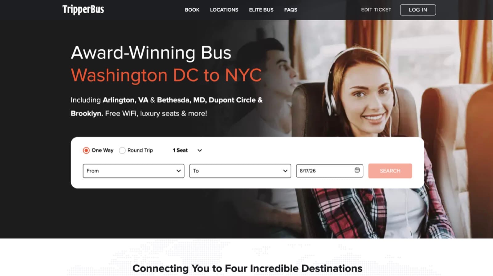 Tripper Bus homepage with the trip search form over a photo of passengers